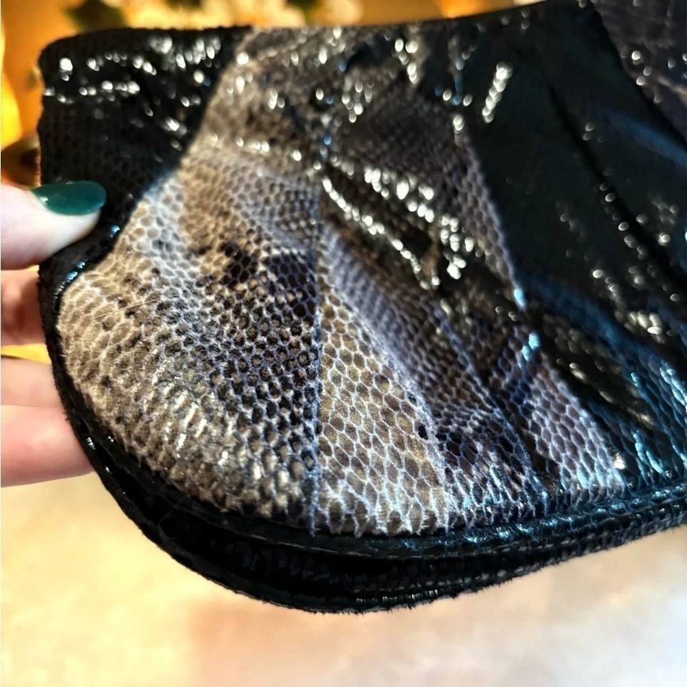 NINE WEST Faux Python Snake Print Black Metallic Clutch